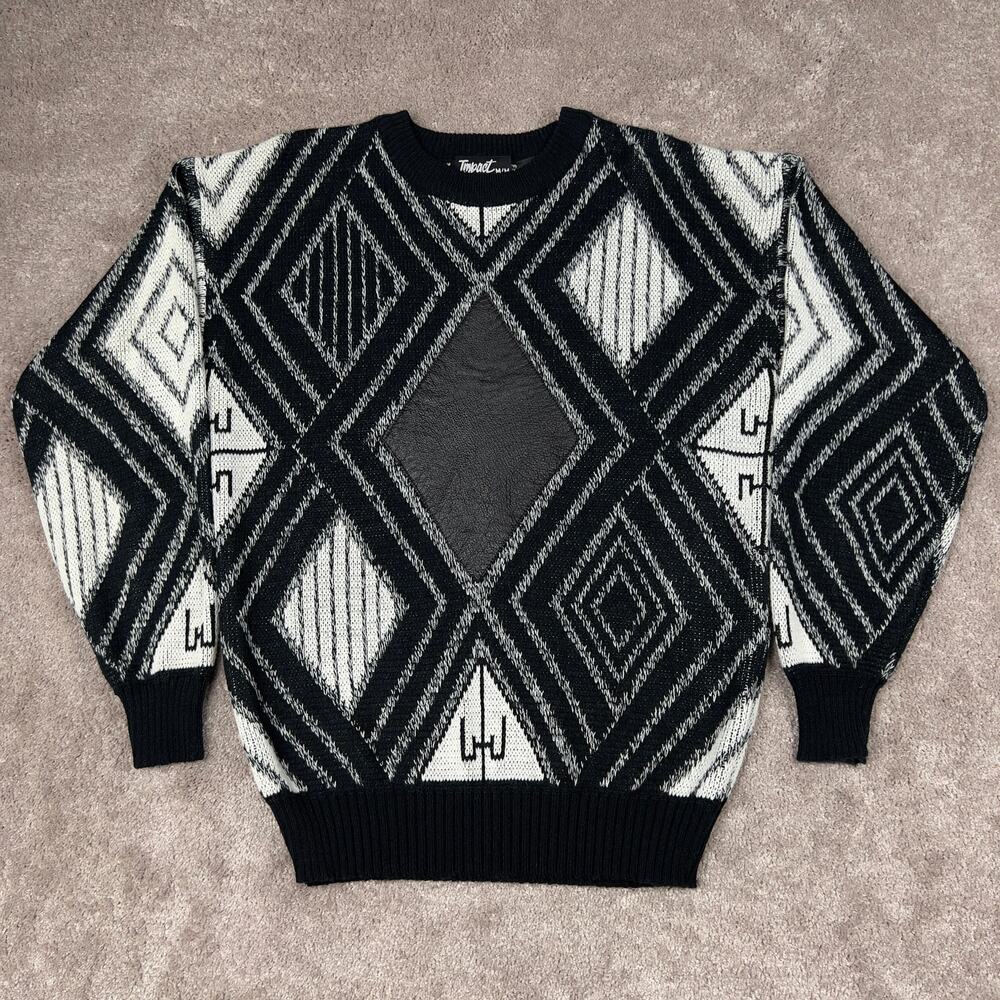 Impact Geometric Diamond Knit Sweater Size M Black White Leather Patch Vtg 90s